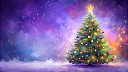 Watercolor Christmas Tree with Twinkling Lights on a Purple Background - Festive Holiday Magic  generative AI