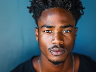 Fototapeta premium Confidence: Young Black Man Portrait on Blue Background
