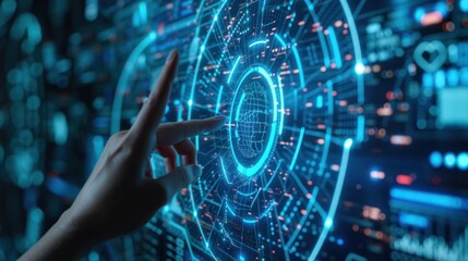 Fingers touching the computer touch screen AI artificial intelligence technology