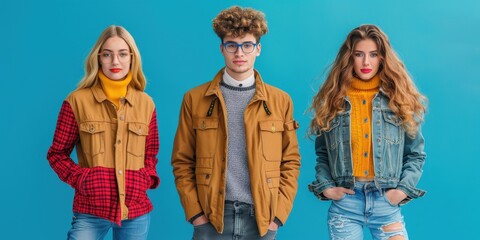 Naklejka premium Fall Fashion Shoot With Young Models on Blue Backdrop