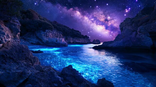 Bioluminescent bay with waves glowing under starry sky. Bio bay, bioluminescence effect. Summer travel and tourism concept. Glowing fluorescent particles. Astronomy and stargazing