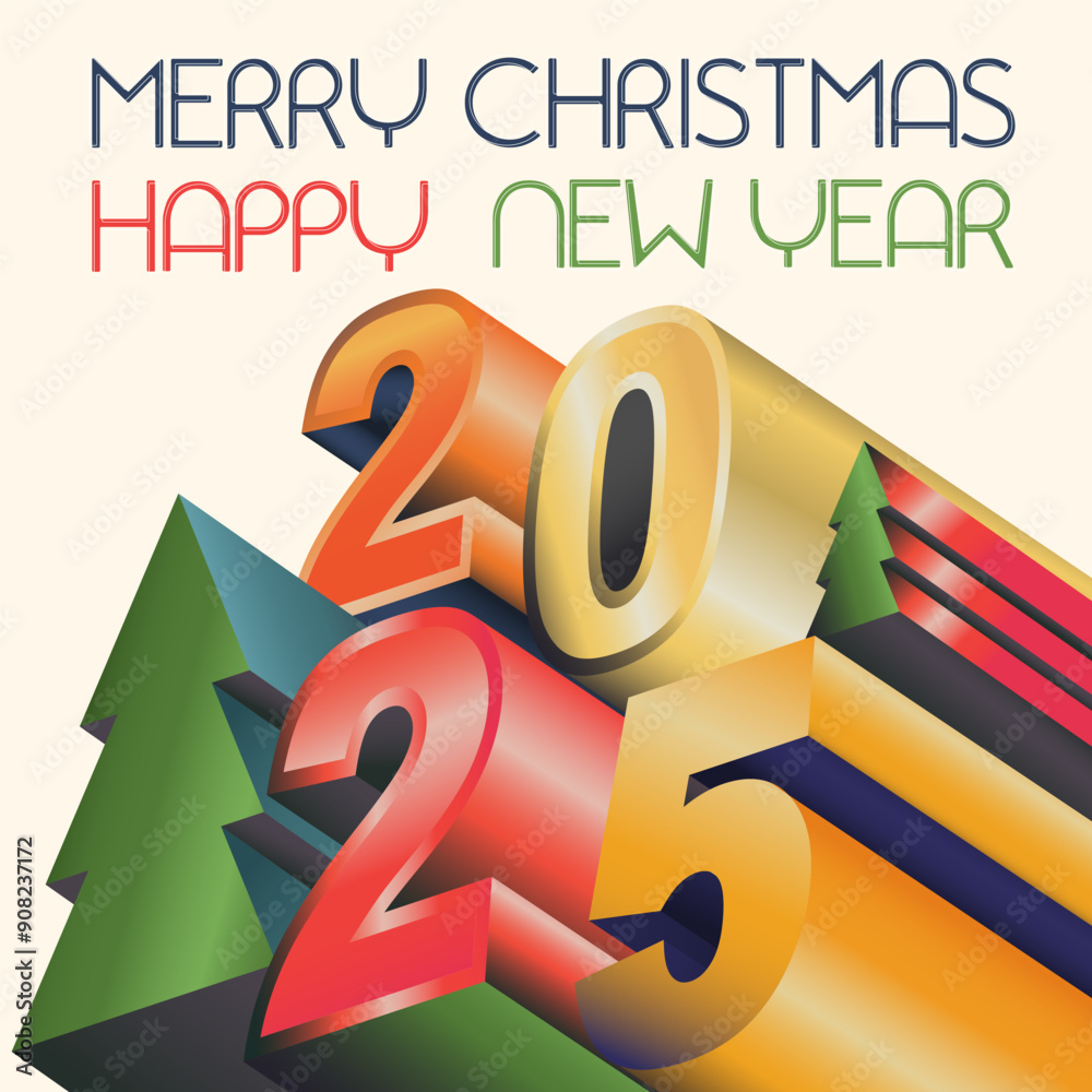 Wall mural Merry Christmas and happy New Year 3d 2025 number bright colors  banner, web, invite posters template Layout, greeting card	