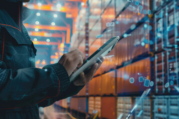 Warehouse Worker Using Tablet for Inventory Management in Modern Industrial Facility with Digital Interface