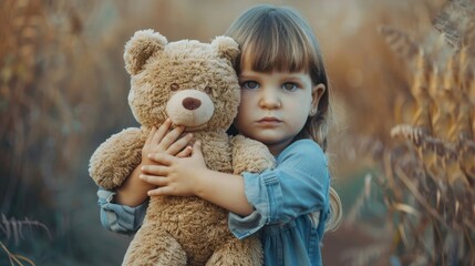 No Hugging. Little Caucasian girl with serious and confident expression doing stop sign with open hand next to teddy bear stuffed animal