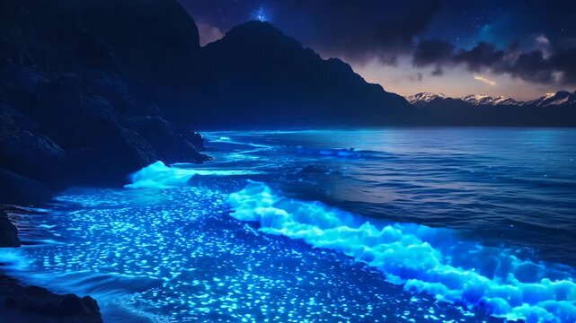 Bioluminescent bay with waves glowing along rocky coastline at night. Bio bay, bioluminescence effect. Summer travel and tourism concept. Glowing fluorescent particles