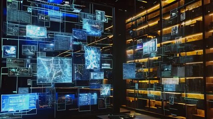 A modern library at night featuring multiple digital holographic displays and shelves filled with books. The atmosphere is futuristic, with blue holograms projecting data and diagrams, contrasting