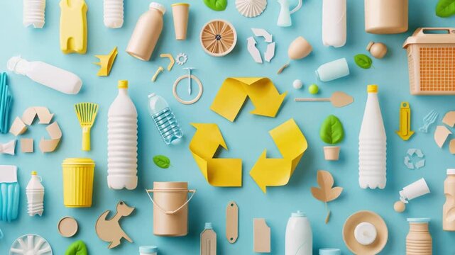 Assorted recyclable objects around recycling symbol, eco-friendly concept.