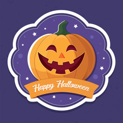 Happy Halloween pumpkin cartoon sticker on purple background