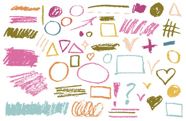 Colorful textured oil pastel brush strokes, circles, geometric shapes, check boxes, signs and hearts. Grunge textured shapes set isolated on white.