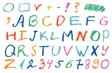 Colorful oil pastel textured alphabet, numbers and signs. Handwritten font. Script. Latin calligraphic set in childlike style.
