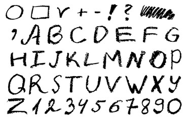 Cartoon textured oil pastel Latin alphabet with numbers and signs, Grunge hand drawn ABC. Chalk letters, script.