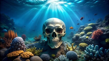 Under the Waves: A Skull and Bones Lost in the Ocean Depths  AI generated