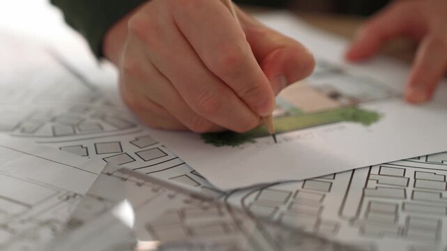 A video of architect with triangle ruler and pencil to measure blueprint. Architect designing house construction on a table at studio, architectural plan scattered around. Focus on hand. Delineation.