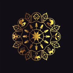 Golden floral mandala art and coloring page design