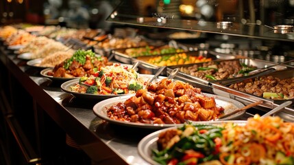 Obraz premium Delicious Array of Dishes at a Chinese Restaurant Buffet in Evening