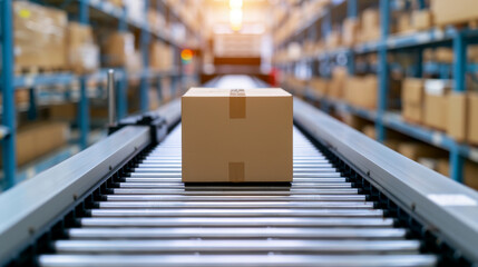 Cardboard box on a conveyor belt in a large warehouse, symbolizing efficient packaging, shipping, and logistics services.