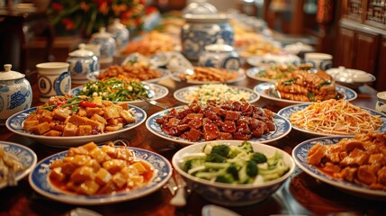 Delicious Array of Dishes at a Chinese Restaurant Banquet Table