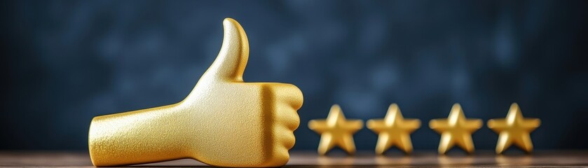 Golden thumbs up with four stars on a dark background, representing excellent quality, satisfaction, positive feedback, and approval.