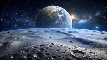 Obraz premium Celestial Tapestry: A 3D Render of the Moon's Surface with Intricate Crater Details and a Starry Night Sky AI Generated