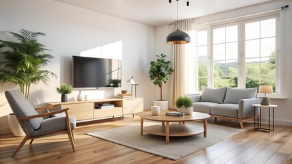 Fototapeta premium Scandinavian Living Room with White Walls and Light Hardwood Flooring Generative AI