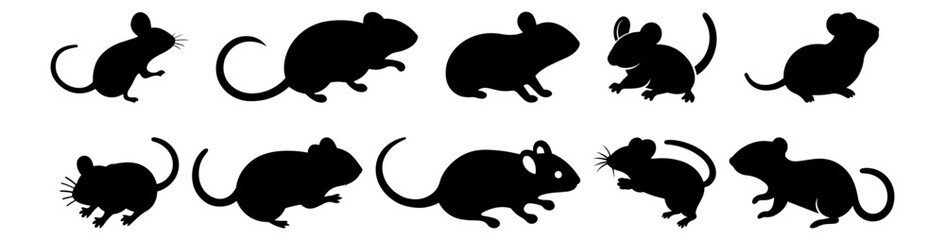 Mouse silhouettes set, pack of vector silhouette design, isolated background