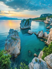 Serene Cliffs Overlooking Turquoise Sea at Sunset Near Coastal Landscape