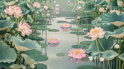 a painting of a pond with lotus flowers and leaves