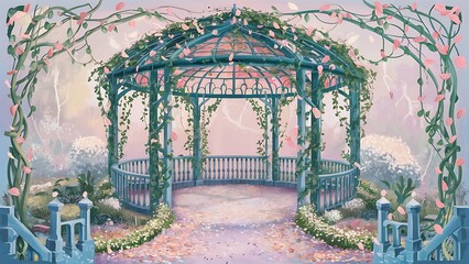 a painting of a garden with a green gazebo in the background, gazebo in the park