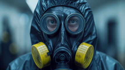 Person in hazmat suit with gas mask, hazardous materials handling, protective gear, industrial safety, biohazard environment, emergency response, contamination prevention