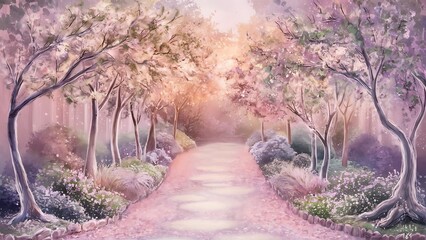 misty morning in the forest, a painting of a path with a path that has pink flowers on it