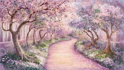 a painting of a path with a path that has pink flowers on it, lavender field in region