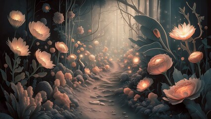 flower glowing in the night, a path in the forest with many glowing flowers