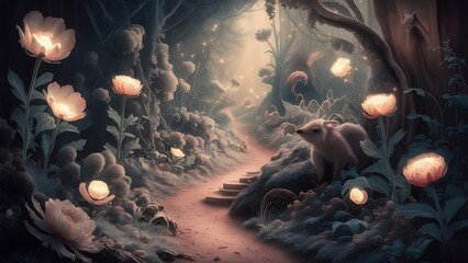 a path in the forest with many glowing flowers