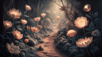 a path in the forest with many glowing flowers