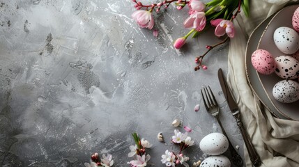 Easter table setup with cutlery egg and flower display on grey surface for text adjacency