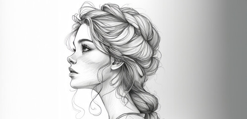 Fototapeta premium Vintage Futurism: Elaborate Side Profile Sketch of a Sci-Fi Darling