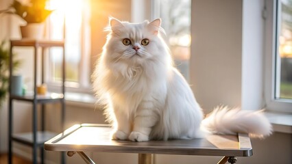 A Persian's Pristine Paradise: A Fluffy White Cat Bathed in Sunlight on a Grooming Table  Generative AI
