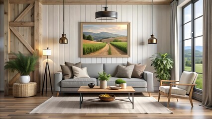 Modern Farmhouse Living Room with Photography Poster Mockup  AI Generated