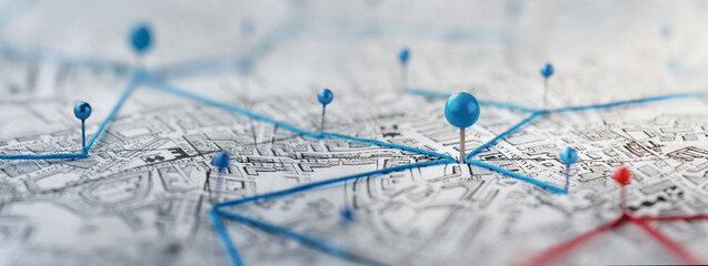 Find your way. Location marking with a pin on a map with routes. Adventure, discovery, navigation, communication, logistics, geography, transport and travel theme concept background.