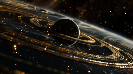 Naklejka premium Outer space background. Distant Black planet with golden rings