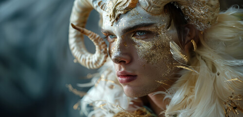 Enchanting Studio Portrait of Horned Ram Goddess: Ethereal Demoness with Modern Makeup and Gold Glitter - Fantasy Film Still Image