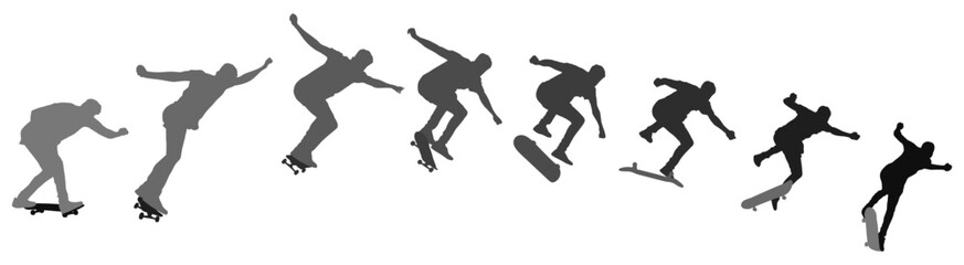 Dynamic silhouette sequence of skateboarder performing mid-air trick. Frame-by-frame image of skate trick. Multicolored vector illustration of silhouette. Fluid motion and athletic skateboarding skill © Mykhailo Shvets