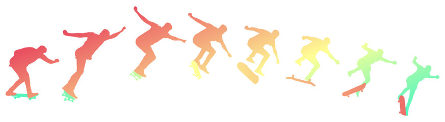 Dynamic silhouette sequence of skateboarder performing mid-air trick. Frame-by-frame image of skate trick. Multicolored vector illustration of silhouette. Fluid motion and athletic skateboarding skill