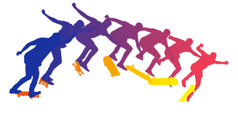 Dynamic silhouette sequence of skateboarder performing mid-air trick. Frame-by-frame image of skate trick. Multicolored vector illustration of silhouette. Fluid motion and athletic skateboarding skill