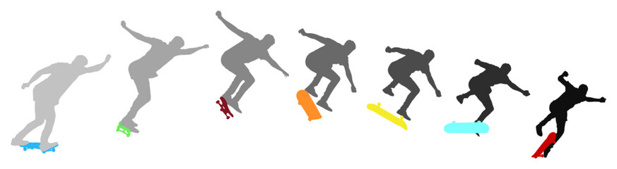 Dynamic silhouette sequence of skateboarder performing mid-air trick. Frame-by-frame image of skate trick. Multicolored vector illustration of silhouette. Fluid motion and athletic skateboarding skill