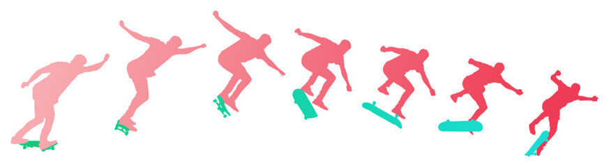 Dynamic silhouette sequence of skateboarder performing mid-air trick. Frame-by-frame image of skate trick. Multicolored vector illustration of silhouette. Fluid motion and athletic skateboarding skill © Mykhailo Shvets