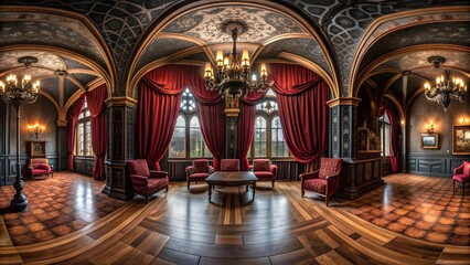 Gothic Elegance: A 360? Panorama of a Dark and Dramatic Room with Castle Views  generative AI