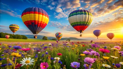 Naklejka premium A Symphony of Colors: A Hot Air Balloon Festival Over the Rainbow Fields AI generated