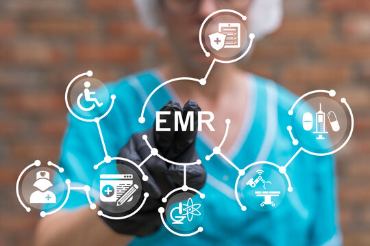 Nurse using virtual touch screen presses text: EMR. Electronic medical or health record ( EMR or EHR ). Medicine, insurance, digital healthcare and medical document management online system concept.