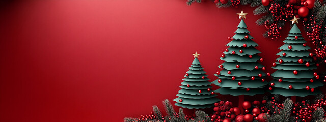  Green paper Christmas trees on a red isolated background. Red and green Christmas template with copy space